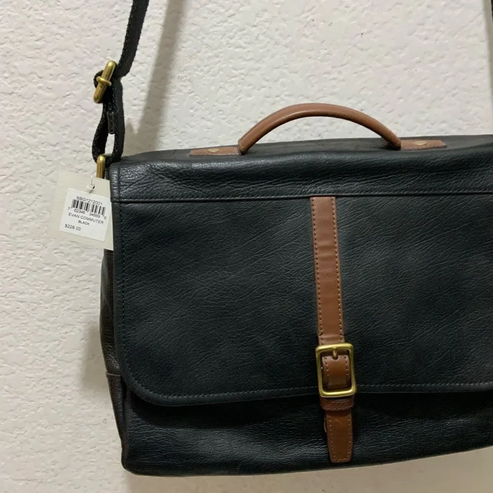 Fossil Black Leather Evan Commuter Satchel Messenger Bag New